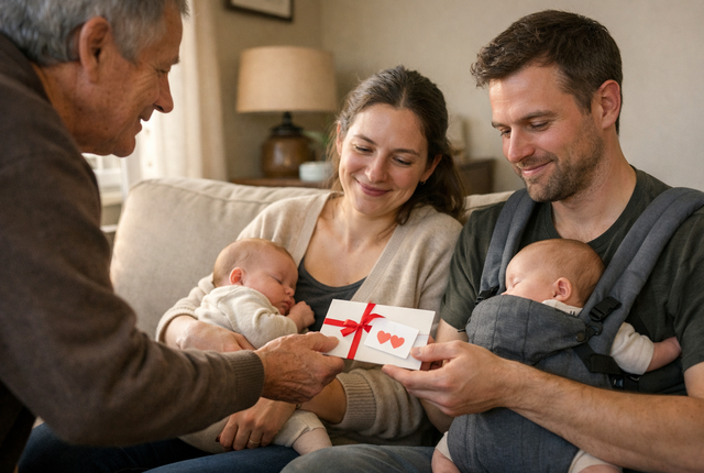 A man and a women sit on a sofa each holding a baby in their arms as an elderly man in the foreground hands them an envelope