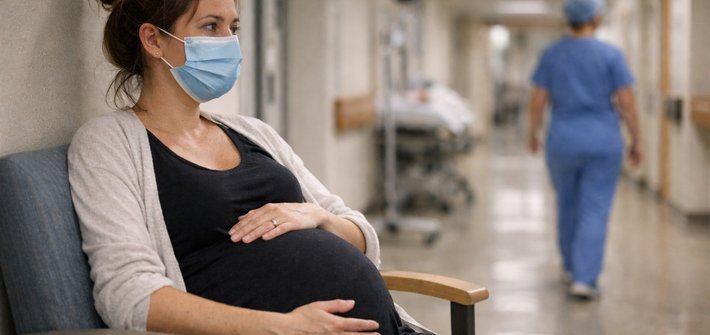 image of a pregnant woman with a mask on waiting in a hospital corridor
