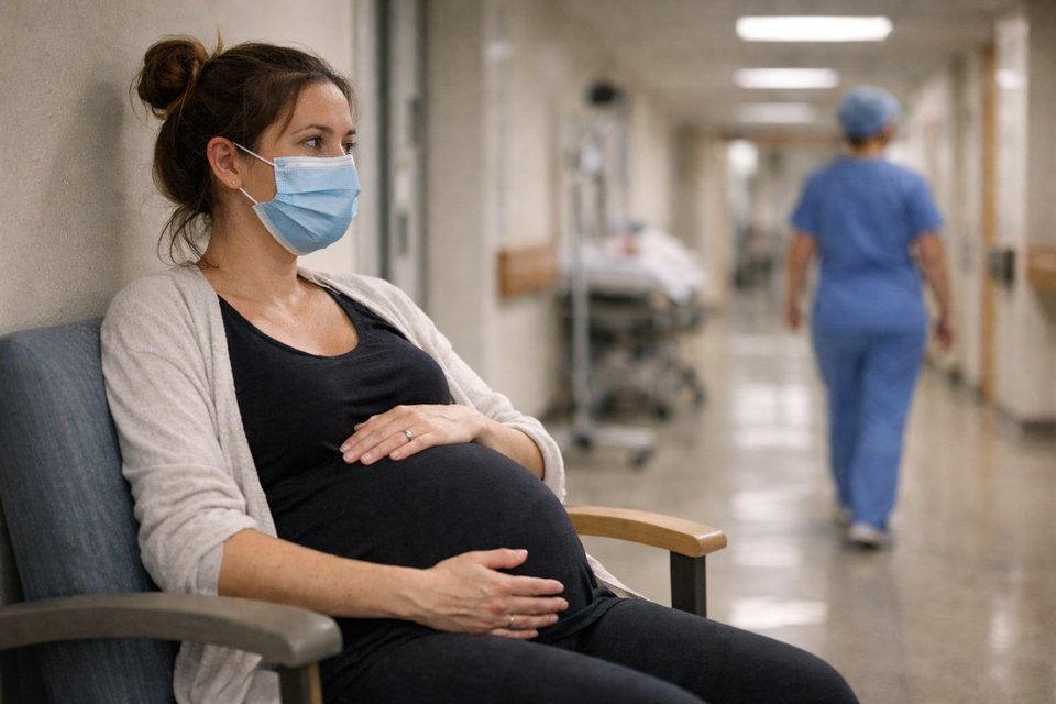 image of a pregnant woman with a mask on waiting in a hospital corridor