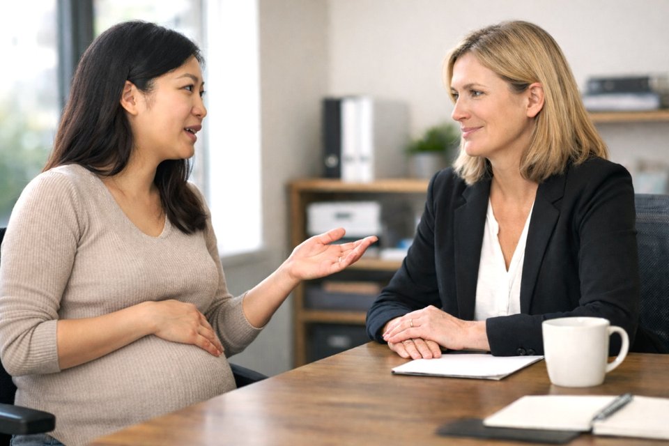 an pregnant Asian woman speaking to her female Caucasian manager in the office