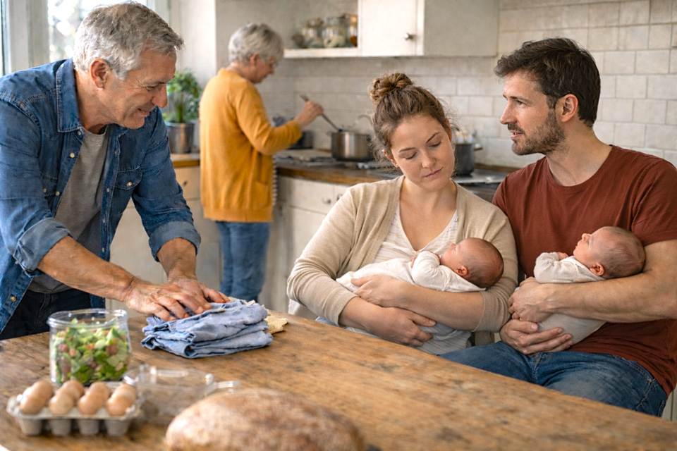 a couple holding their newborn twins with an older man at the dining table with an older woman in the back cooking in the kitchen