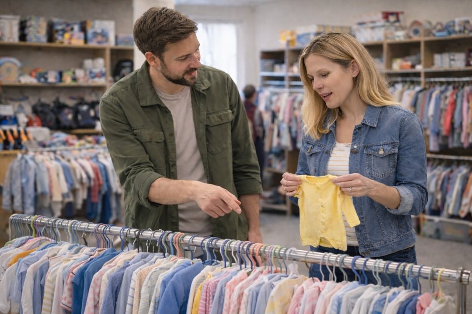 a man and a woman at a second hand shop looking at baby clothes