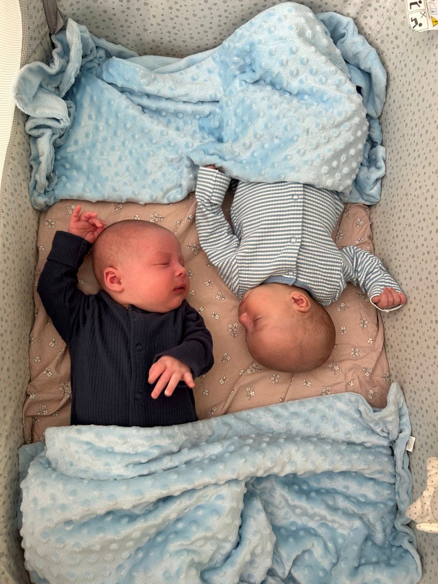 twin babies co-bedding in a cot, one on each end