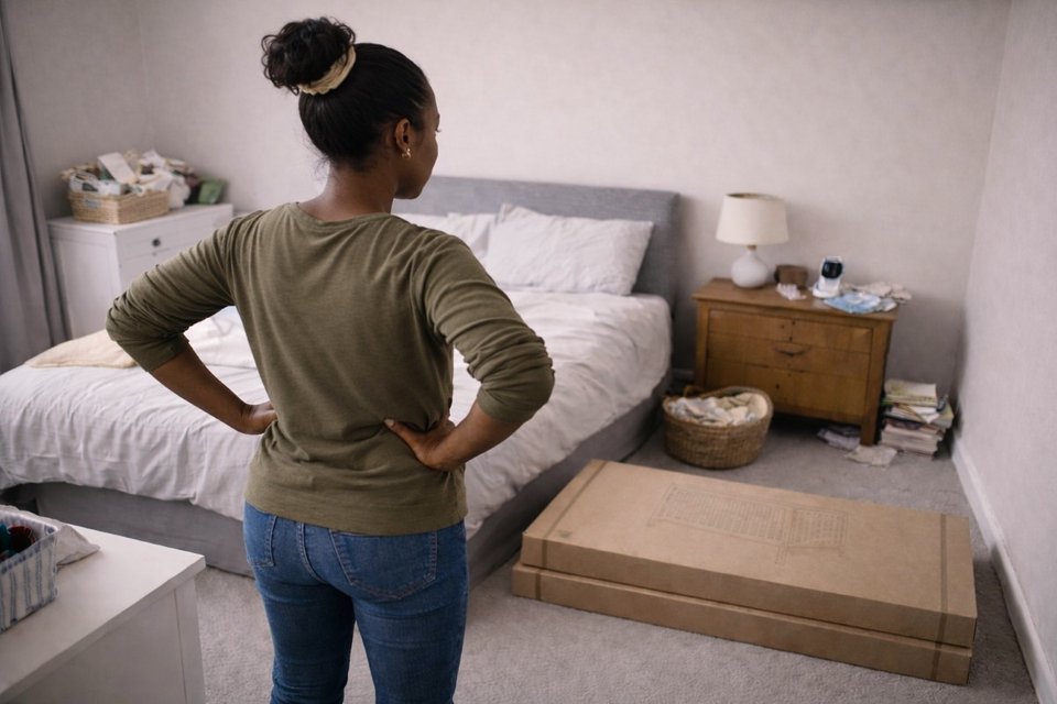 black woman with her hands on her hips looking at her bedroom with two flatpack boxes of cots on the floor