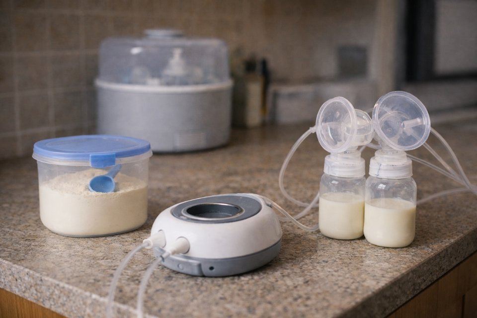 breastmilk pump with two bottles filled with breastmilk and a plastic tub with milk formula inside on a kitchen worktop