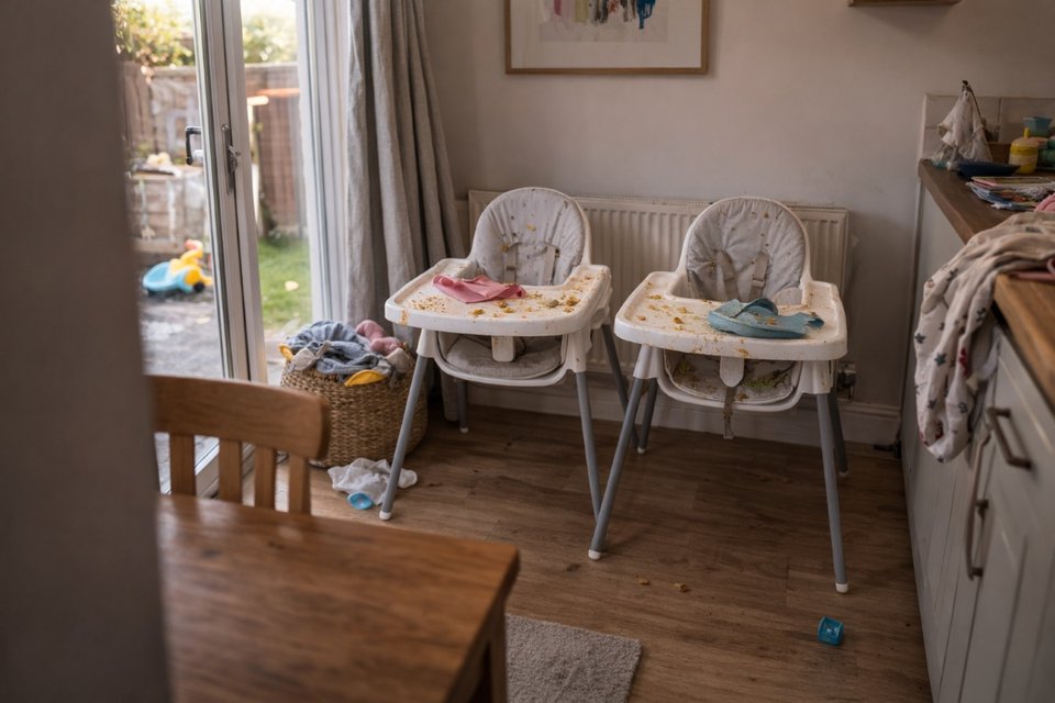 two baby high chairs with smushed food all over them in a dining room