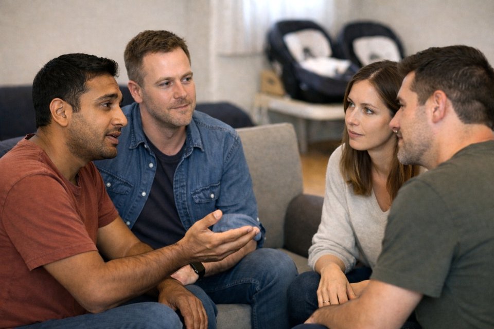 gay couple having a conversation with another couple