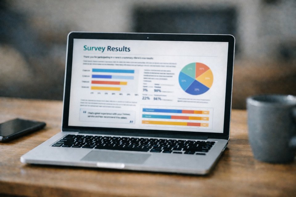 laptop on a table showing results of an online survey with charts and graphs