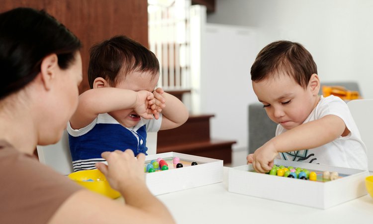 Two small toddlers sit at a table playing, viewed over the shoulder of a woman in the foreground