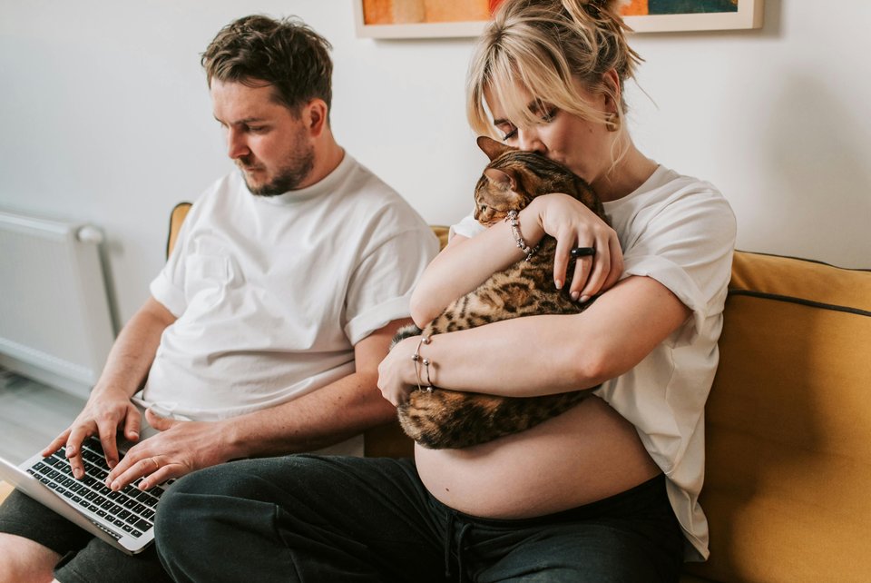 A casually dressed man and pregnant woman sit next to each other with the woman cuddling a cat as the man types on a laptop