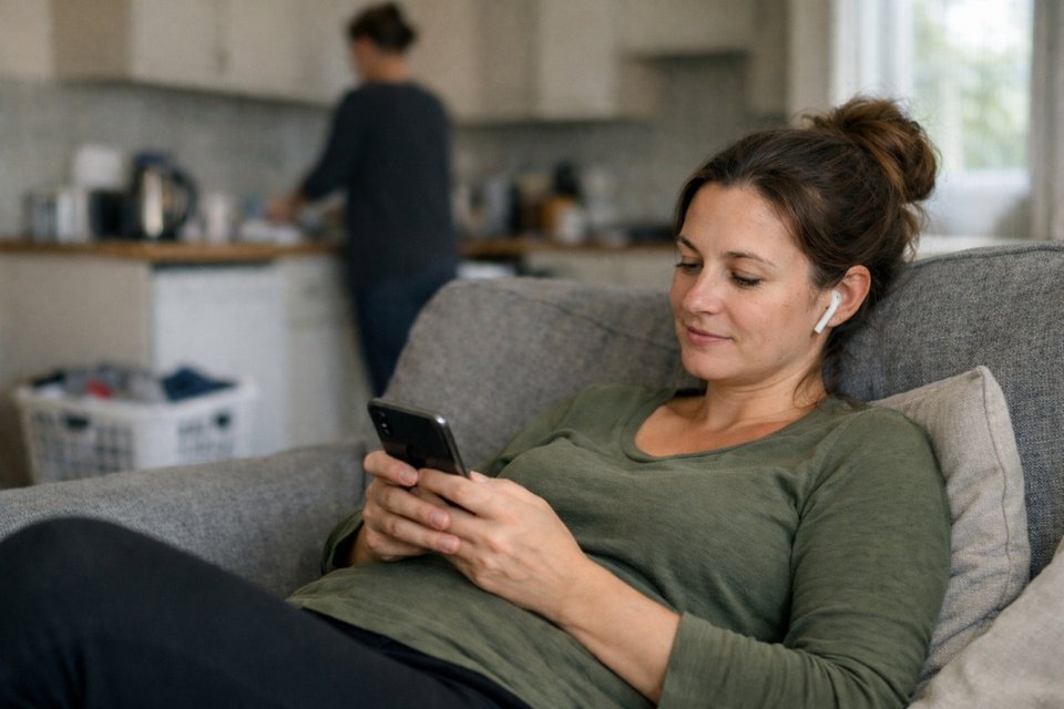 woman sitting on a sofa watching a video on her smartphone with another woman in the background washing the dishes