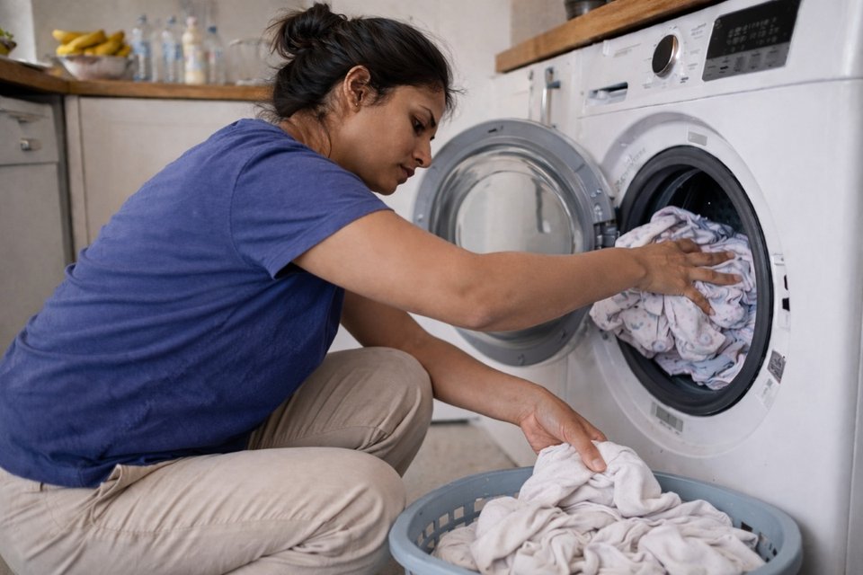 woman putting baby laundry into the washing in the kitchen