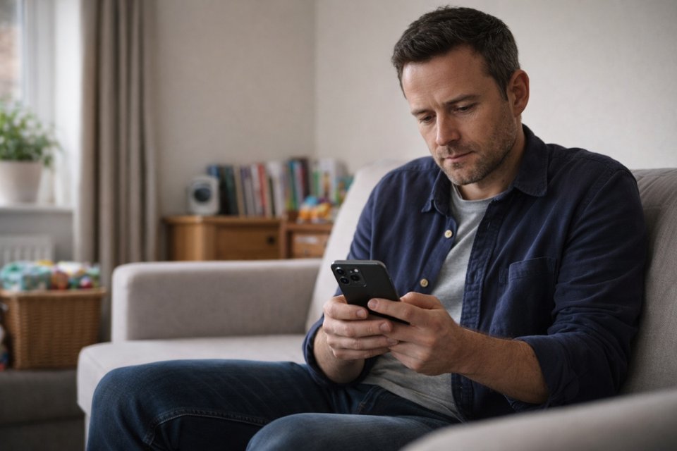 a man sitting on a sofa browsing on his smartphone
