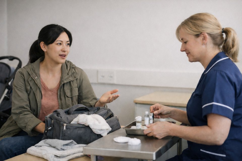 an Asian mother speaking to a nurse preparing vaccinations