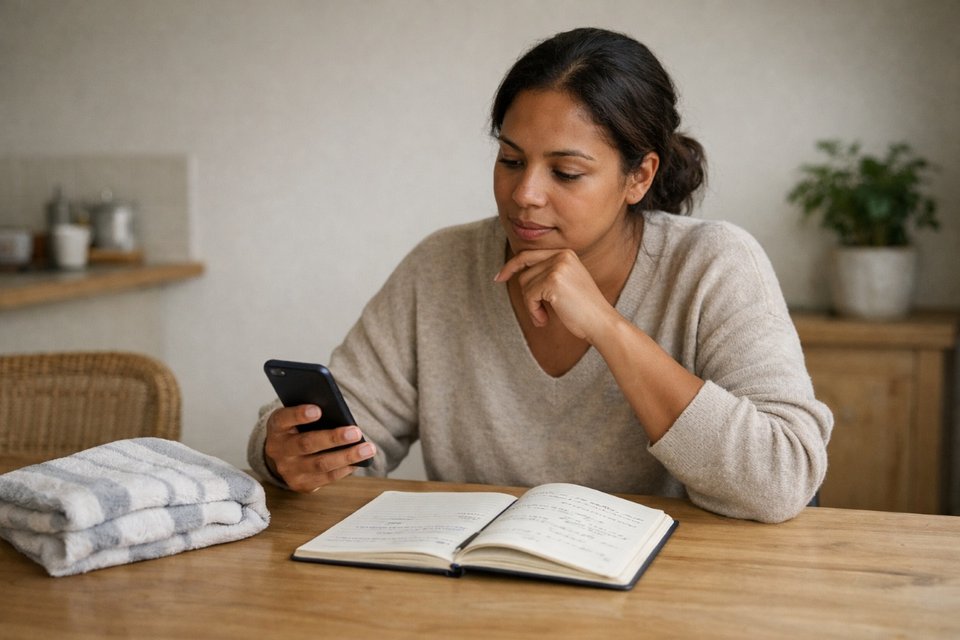 a black woman with a notepad on the table and holding a phone making calculations