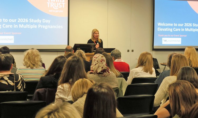 A wide shot of someone presenting to a room of people