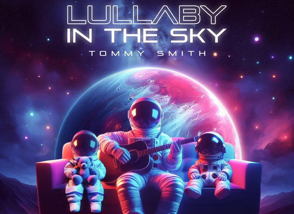 An album cover for Lullaby in the Sky showing an adult and two children in spacesuits sitting on a sofa