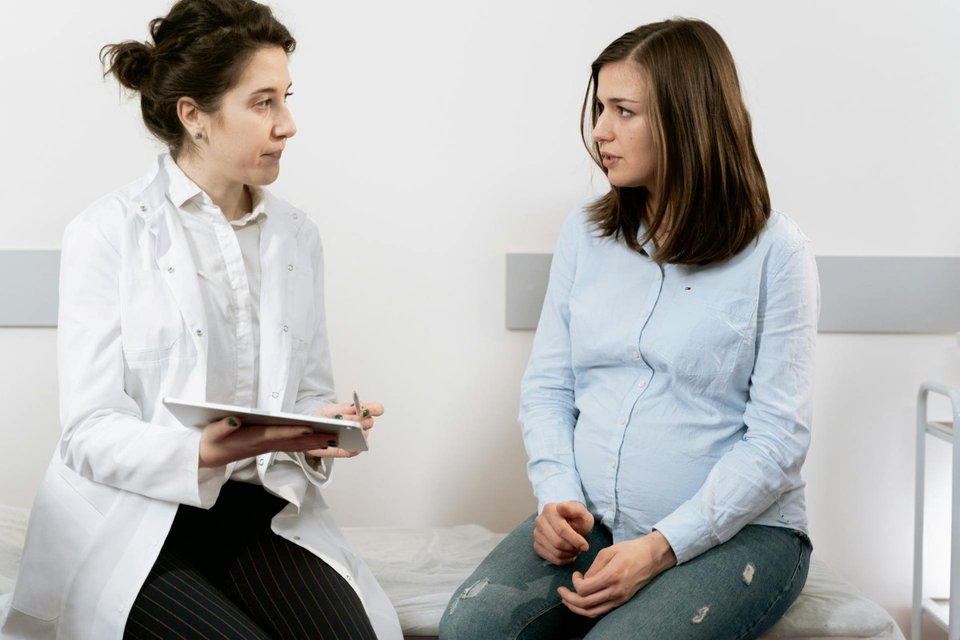 a pregnant woman having a conversation with a healthcare professional