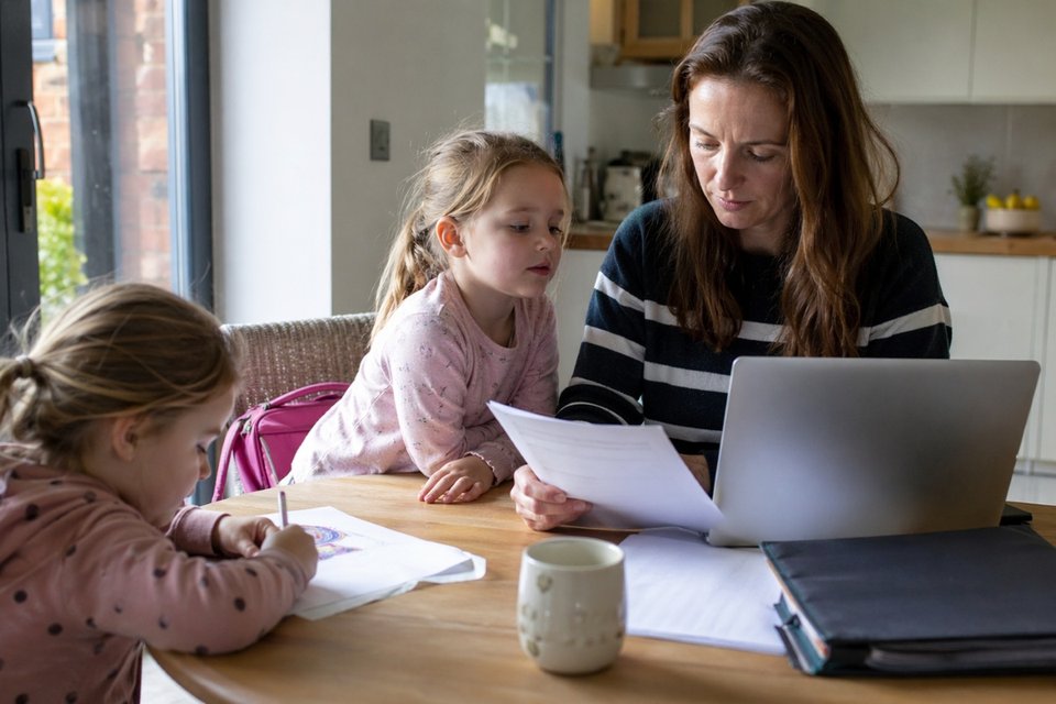 a woman using her laptop at the dining table with twin daughters