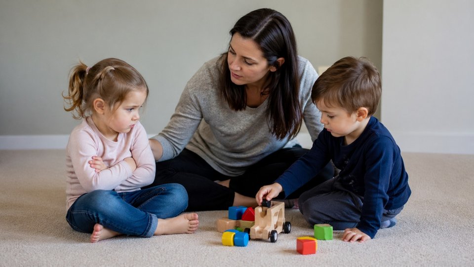 a mother speaking to her twin children