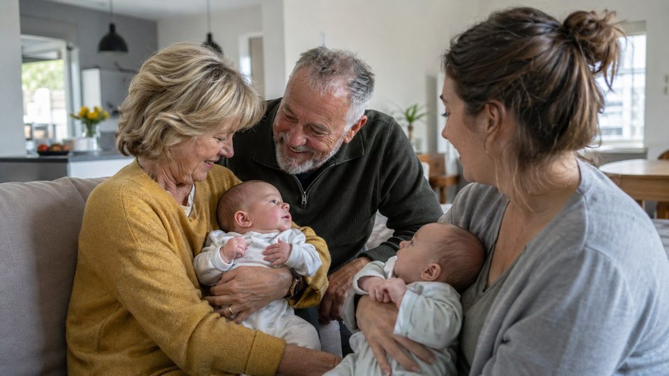 grandparents and mother of twins smiling and holding the babies