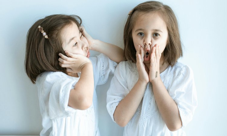 Twin girls stand next to each other pulling faces with their hands