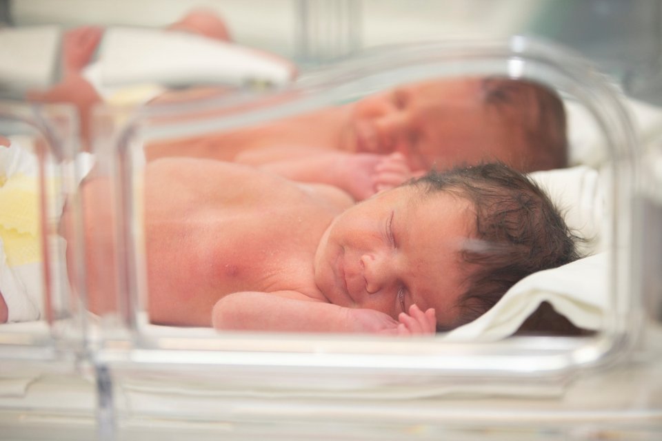 close up of twin babies in a neonatal incubator