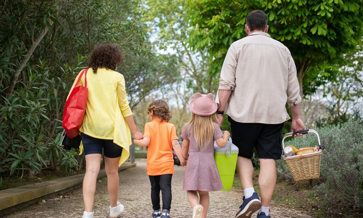 A family of man, woman and two children seen walking along a path from behind