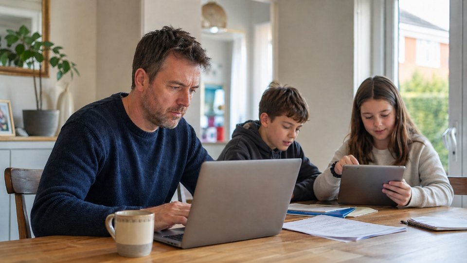 a man using a laptop next to a boy and a girl at the kitchen table