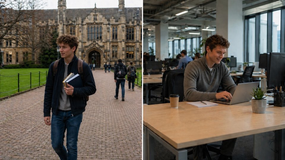 a young man holding books outside a university building on the left half of the image and another young man using a laptop in an office on hte right half of the image
