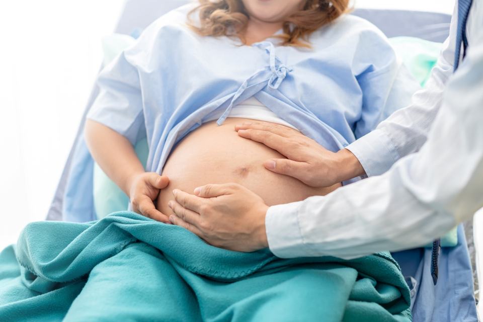 a close up of a doctor manipulating the fetal position using their hands on pregnant woman's abdomen