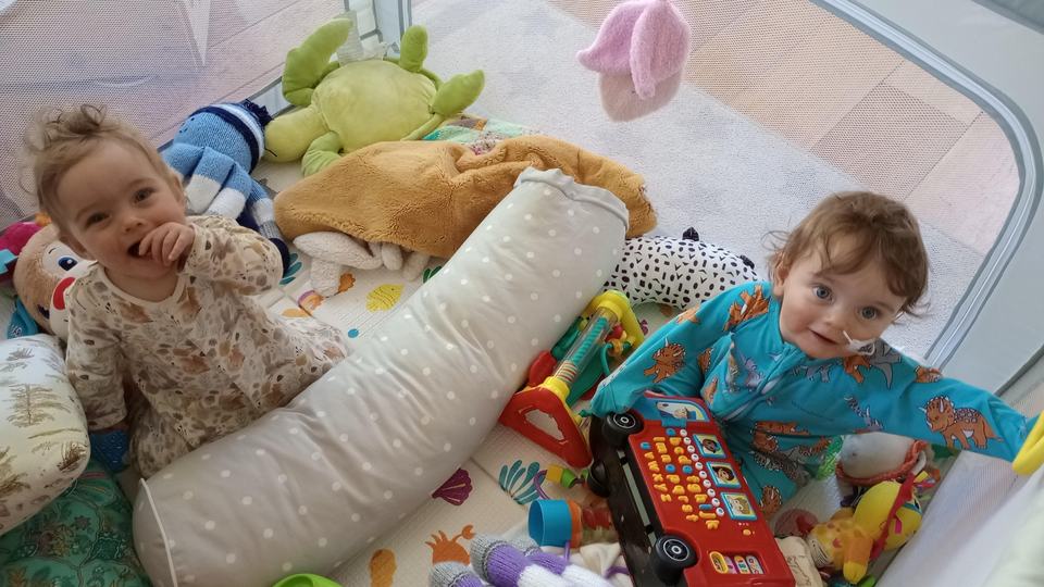 two twin babies playing with toys in a crib