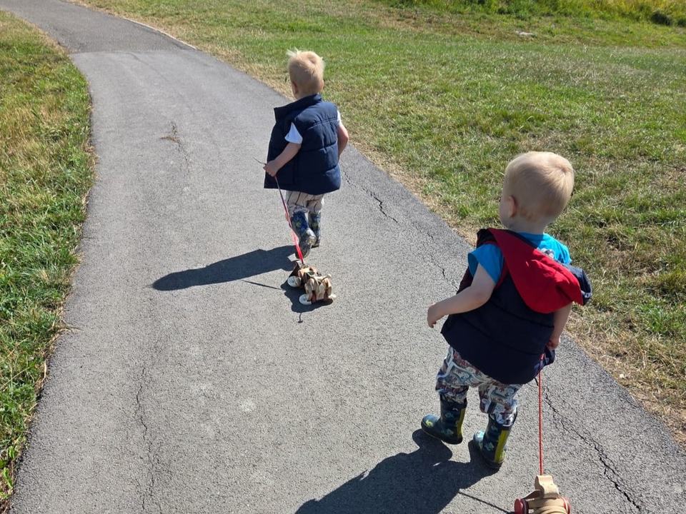 two toddlers walking through a park with pull-along dog toys