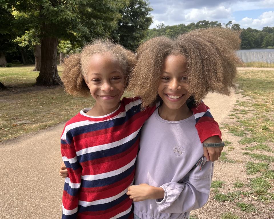 twin sisters smiling with arms around each other in a park