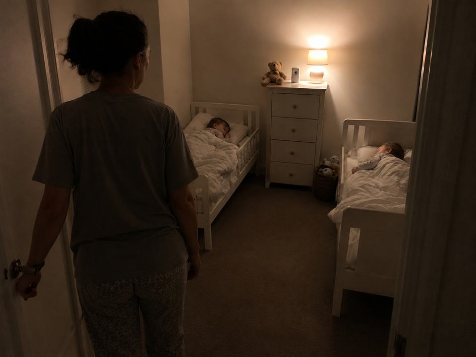 a mother checking on twin toddlers at night