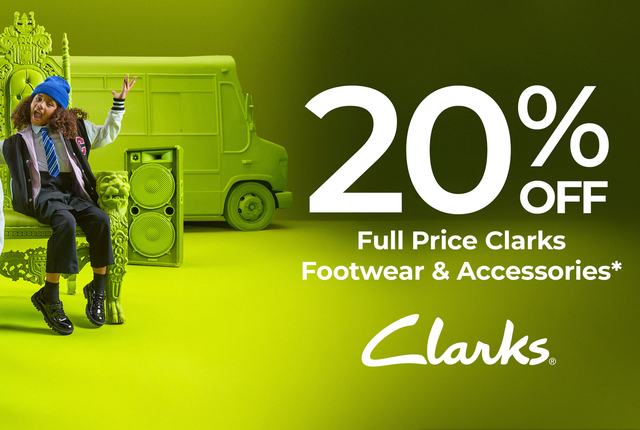 An image showing two children nearing school shoes with text reading 20% off full price Clarks footwear and accessories