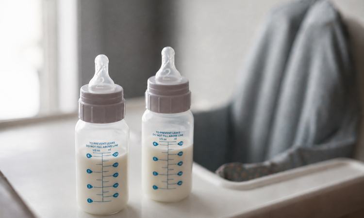 Two baby bottles sit on an empty high chair