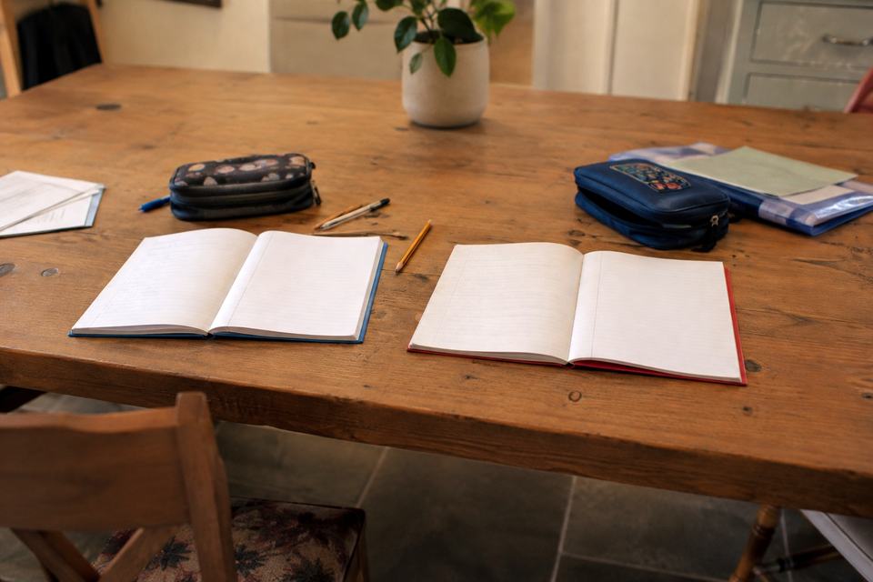 two school exercise books and pencil cases on a dining table