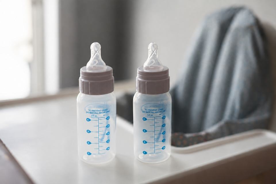 two empty baby milk bottles on a highchair table