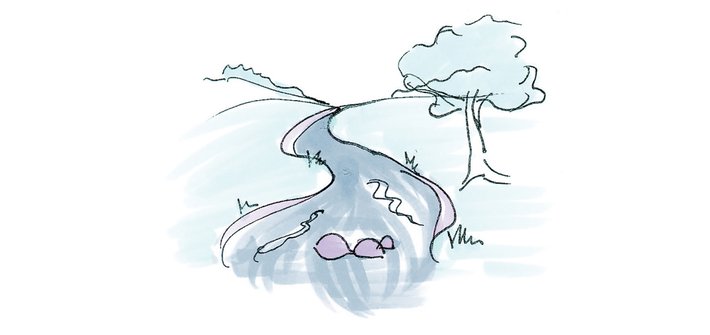 A drawing of a stream running through a field with a tree to one side