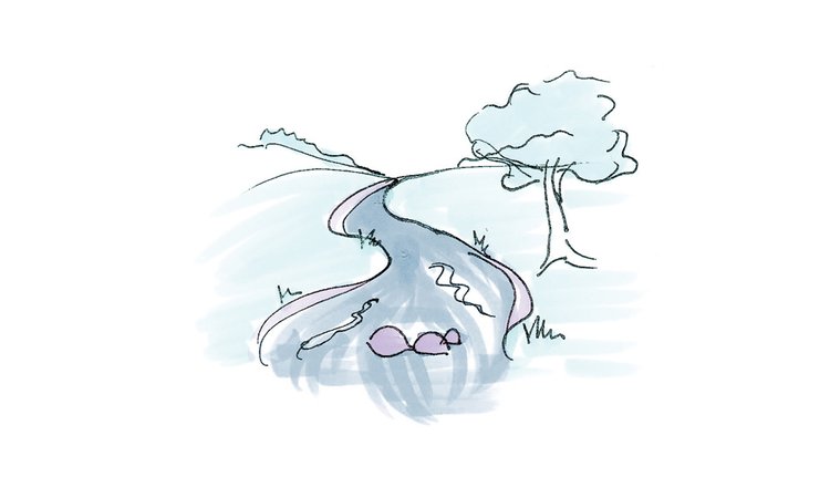 A drawing of a stream running through a field with a tree to one side