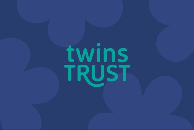 The Twins Trust logo is shown on a dark blue background with lighter blue flower outlines