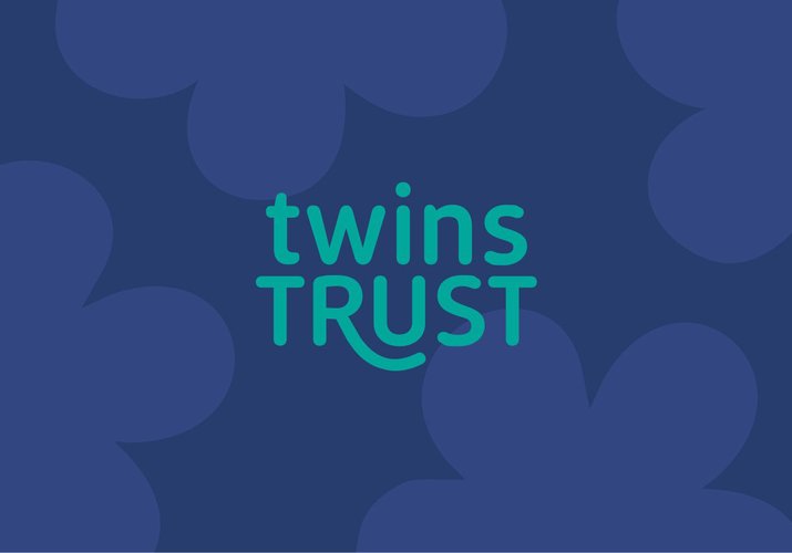 The Twins Trust logo is shown on a dark blue background with lighter blue flower outlines